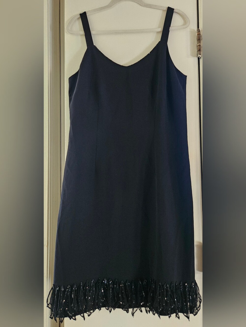 Albert Nipon Black Beaded Fringe Cocktail Dress Size 14 Vintage 90s